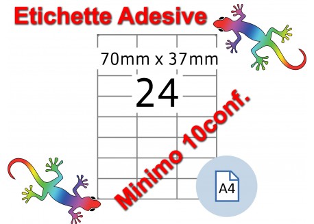Etichette adesive A4 70 x 37 mm 24 etichette per pag. 100 Fogli (min. 10conf)