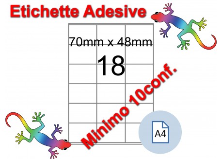 Etichette adesive A4 70 x 48 mm 18 etichette per pag. 100 Fogli (min. 10conf)